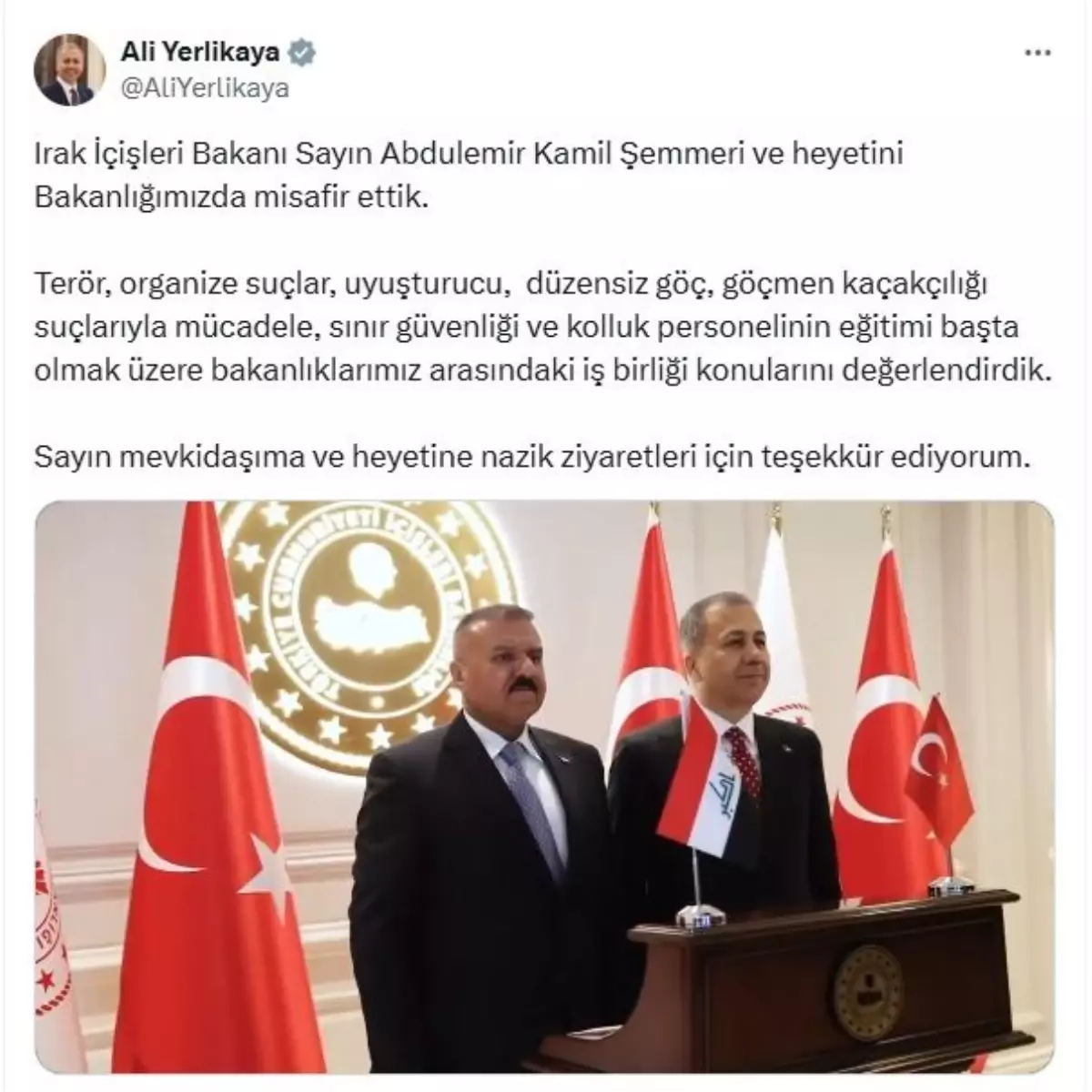 İçişleri Bakanı Yerlikaya, Iraklı Mevkidaşıyla Görüştü